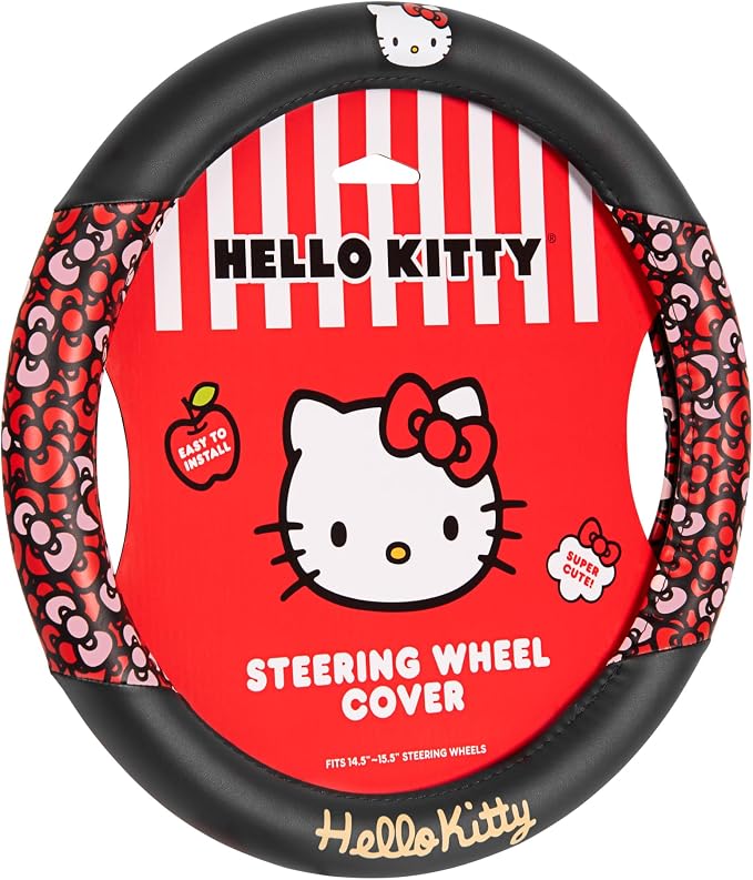 Hello Kitty Steering Wheel Cover, Official Sanrio Car Steering Wheel Cover with Universal Size 14.5-15.5, Cute Black for Women, Hello Kitty Car Accessories (Hello Kitty Bows)