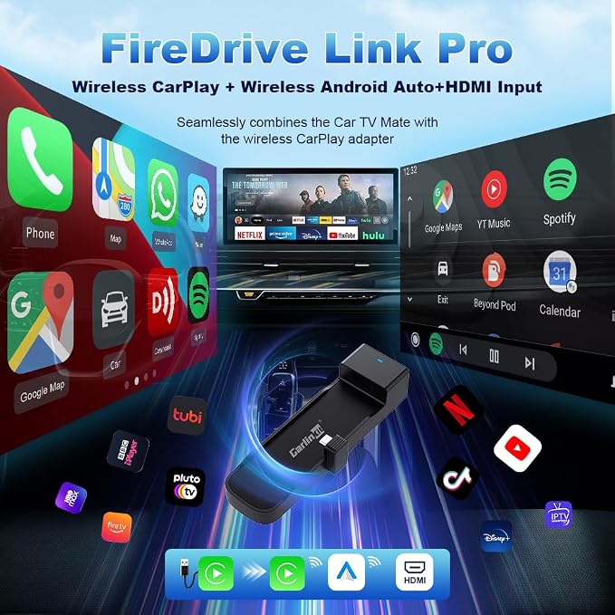 Carlinkit FireDrive Link Pro Car TV Converter, Wireless CarPlay Adapter with HDMI for Fire TV Stick Streaming, Convert Wired CarPlay to Wireless Android Auto & Apple CarPlay Dongle, Plug & Play
