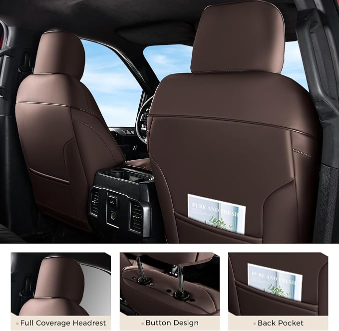 Coverado Premium Leather Front Seat Covers Waterproof Heavy-Duty Protectors Custom Fit for Ford F150 (2015-2026) F250/F350/F450 (2017-2026)-Brown, Vintage Style, Scratch-Resistant