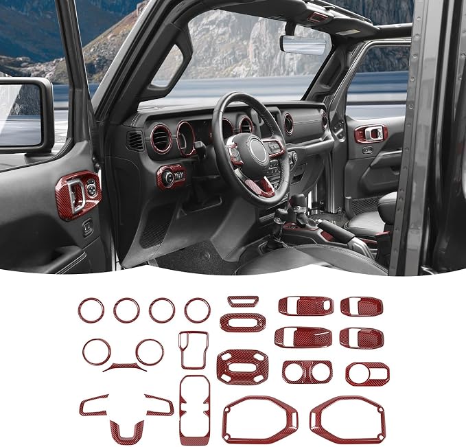 RT-TCZ Interior Trim Kit Cover Center Console Decoration Accessories Compatible with Jeep Wrangler JL JLU & Gladiator JT 2018-2023 23PCS,Red Carbon Fiber