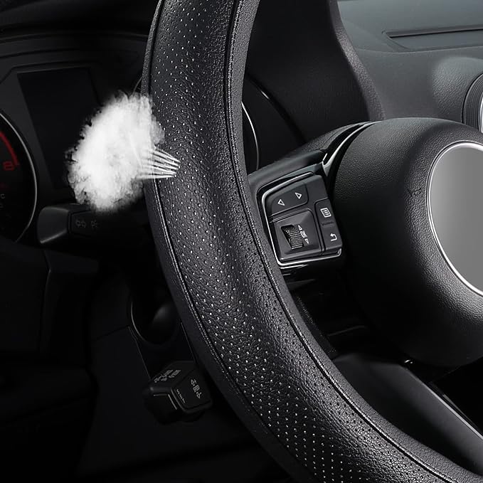 SEG Direct Car Steering Wheel Cover for F-150 Tundra Range Rover Large Size 15.5-16 inch (39.5-41cm) Black Breathable Microfiber Leather