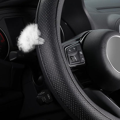 SEG Direct Car Steering Wheel Cover for F-150 Tundra Range Rover Large Size 15.5-16 inch (39.5-41cm) Black Breathable Microfiber Leather