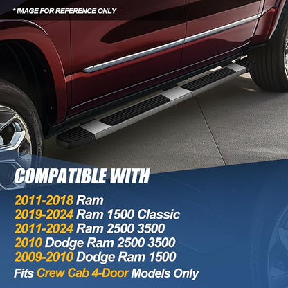 Auto Dynasty Flat Running Boards Compatible with 2009-2024 Dodge Ram 1500 2500 3500 Crew Cab 4-Door, Stainless Steel Side Step Rail Nerf Bars, 6" Step Bars, Polished Chrome