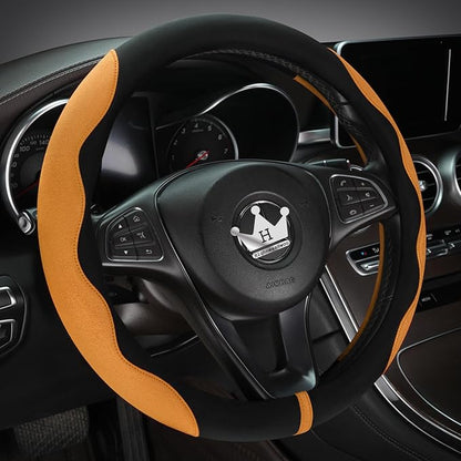 HighnessHwoo Luxury Suede Steering Wheel Cover for Cars, Soft Leather Padded Wheels Cover for Sedan, SUV, Thin Car Handle Cover, Universal Fit, Anti Slip, 14.75-15.15in, Orange