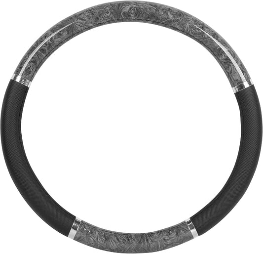 BDK Chrome Wood Grain Black & Gray Steering Wheel Cover for Cars, Trucks, Van, SUVs - Elegant and Comfortable Grip Accessories