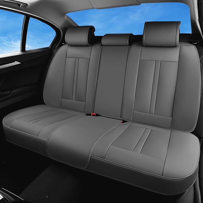 Huidasource Gray Back Seat Cover Luxury Nappa Leather, Rear Seat Cover with Velcro Adjustable, Ventilation Holes, Child Safety Seats, Back Seat Car Cover Universal Fit for Most Cars SUV Trucks, Gray