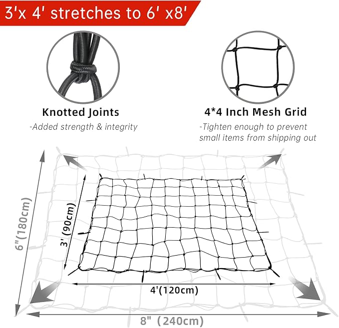 3'x4'Roof Rack Cargo Net， Mesh Bungee Net Stretches to 6'x8' for Rooftop Cargo Basket|12 Metal Carabiners + 12 Hooks Holds Loads Tighter