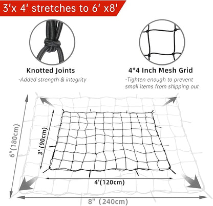 3'x4'Roof Rack Cargo Net， Mesh Bungee Net Stretches to 6'x8' for Rooftop Cargo Basket|12 Metal Carabiners + 12 Hooks Holds Loads Tighter