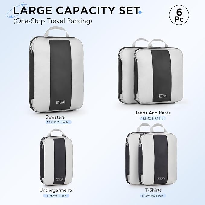 OlarHike 6 Set Compression Packing Cubes for Travel Essentials,Compressible Expandable Space Saver Bags for Organizing Clothes,Luggage Suitcase Garment Bags with Over 1000 pcs Mesh Holes(Black)
