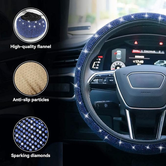 Bling Steering Wheel Cover, Rhinestone Steering Wheel Cover with Crystal Diamond for Women, Sparkling Car Wheel Protector Universal Fit 14-15 inches - Royal Blue