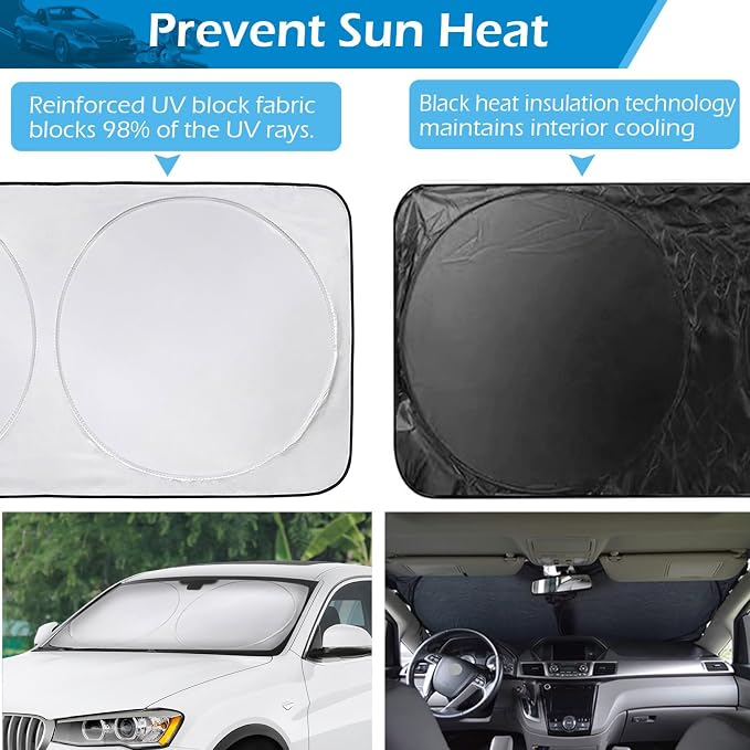 IC ICLOVER Car Windshield Sun Shade, 210T Ployester Foldable Front Window Sun Visor Protector Sun Protection Shield, Blocks Heat and UV Rays, Keep Your Car Cool, Fits SUV, Van, MPV, Trucks (X-Large)