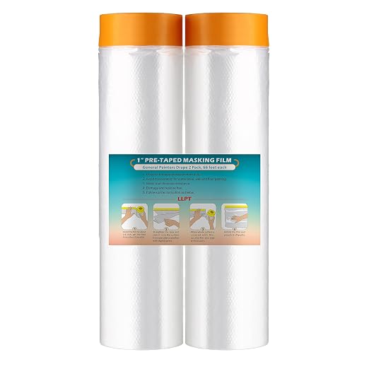 LLPT Pre-Taped Masking Film, 78.7" Unfolded x 66Ft, 0.27 Mil, 2 Pack | Static-Cling, Disposable, Solvent & Oil Resistant Bleed-Proof Low Tack No Residue for Auto Wall Furniture Painting Protection