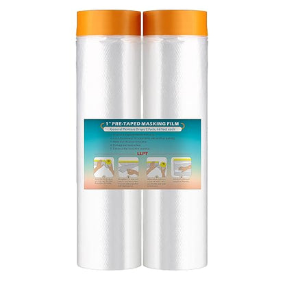LLPT Pre-Taped Masking Film, 106.3" Unfolded x 66Ft, 0.27 Mil, 2 Pack | Static-Cling, Disposable, Solvent & Oil Resistant Bleed-Proof Low Tack No Residue for Auto Wall Furniture Painting Protection