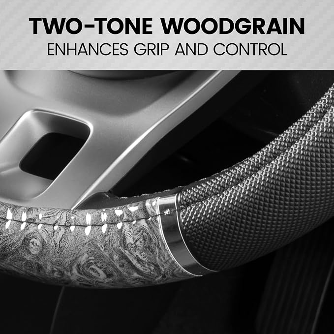 BDK Chrome Wood Grain Black & Gray Steering Wheel Cover for Cars, Trucks, Van, SUVs - Elegant and Comfortable Grip Accessories
