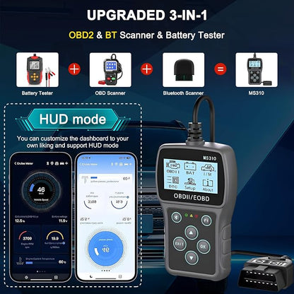Bluetooth OBD2 Scanner Diagnostic Tool with Battery Tester: Check Engine Code Reader - Plug & Play with Live Data and Trip Analysis, Scan Tool for All OBDII Protocol Cars Since 1996