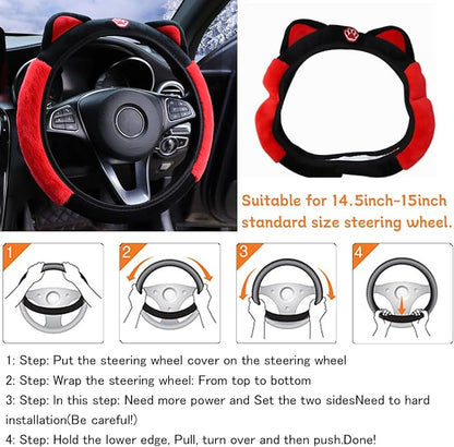 Bittwee Car Steering Wheel Cover, Fluffy Soft Plush for Winter Warm, Cute Steering Wheel Protector with Kitty Cat Ears, Universal 15 Inch, Elastic & Anti-Slip, Lovely Decor Car Accessories (Black/Red)