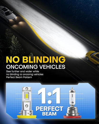 AUXITO H11 LED Fog Lights, 1000% Brighter 6500K White, 1:1 Mini Size No Adapter Needed, 3 Min Quick Install, No Flicker, 99% Compatibility, Pack of 2