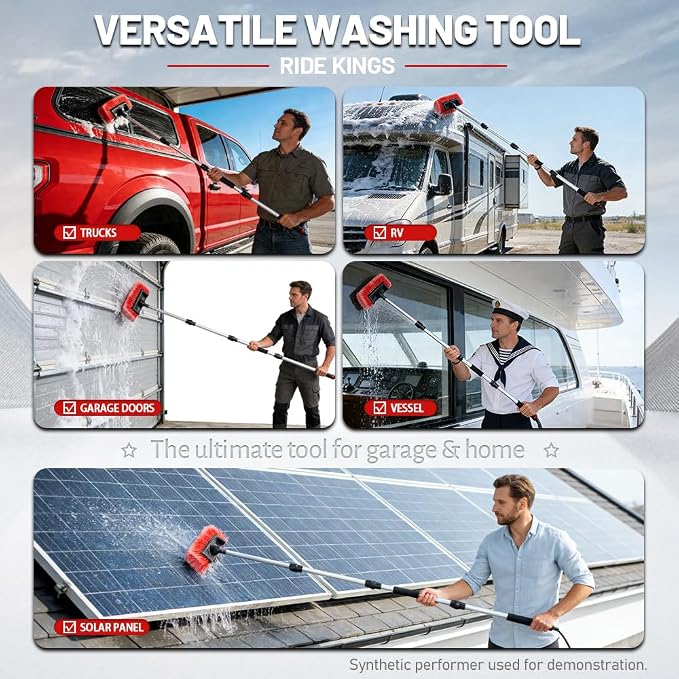 65" Flow-Thru Car Wash Brush with Pole, Red, 4-Head Kit | Red soft bristle brush with 3 extra detail brushes (tire scrubber & 2 stiff). 4-head heavy duty truck wash kit with bag.
