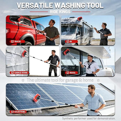 65" Flow-Thru Car Wash Brush with Pole, Red, 4-Head Kit | Red soft bristle brush with 3 extra detail brushes (tire scrubber & 2 stiff). 4-head heavy duty truck wash kit with bag.