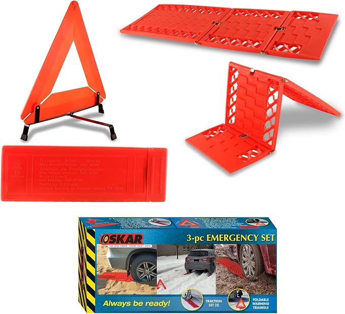 Koolatron Oskar Emergency Roadside Kit – 3-Piece Vehicle Safety Set with Folding Tire Traction Mats & Reflective Warning Triangle – Car, SUV, Truck Essentials for Snow, Ice, Mud, Sand