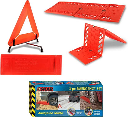 Koolatron Oskar Emergency Roadside Kit – 3-Piece Vehicle Safety Set with Folding Tire Traction Mats & Reflective Warning Triangle – Car, SUV, Truck Essentials for Snow, Ice, Mud, Sand