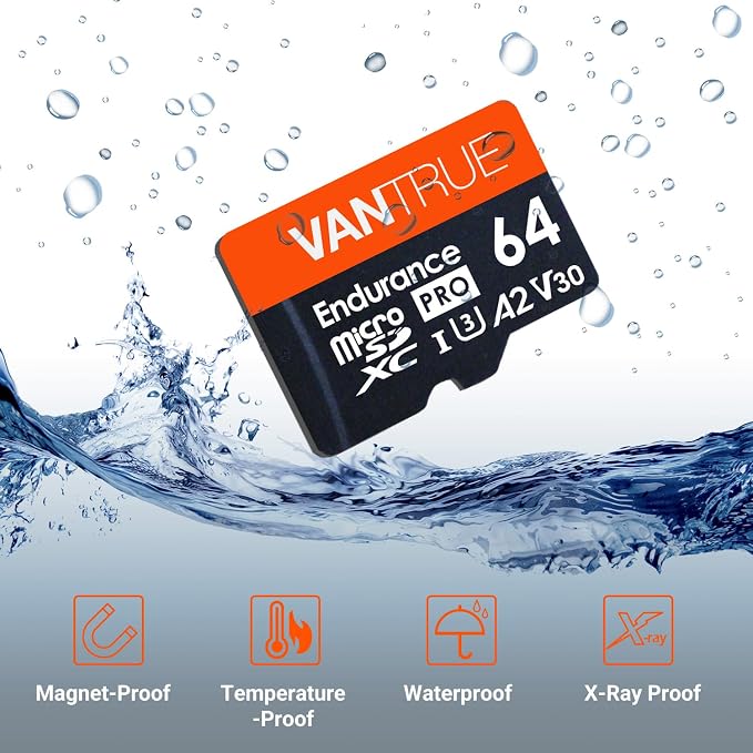 Vantrue 64GB microSD Card with Adapter, U3 UHS-I High Speed SD Card for Dash Cams & Home Security System Video Cameras