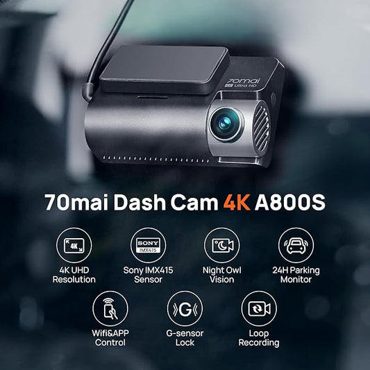 70mai 4K Dash Cam Front and Rear with STARVIS, Dashcam with 5GHz WiFi, GPS Car Camera, Super Night Vision, ADAS, 3'' IPS Screen, 24H Parking Mode, Time-Lapse, Loop Recording, Support 256GB Max (A800S)