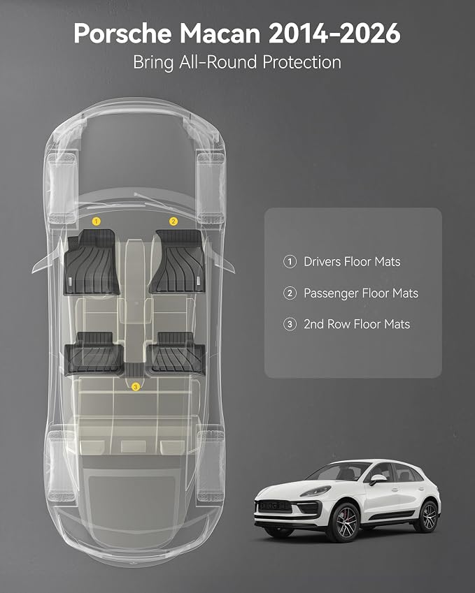 3W Floor Mats Compatible for Porsche Macan 2014-2025 2026 TPE All Weather Custom Fit Floor Liner 1st and 2nd Row Car Mats Black