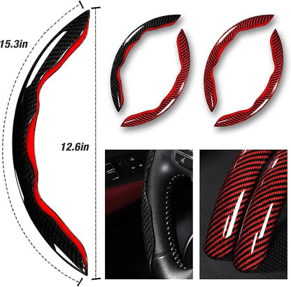Car Steering Wheel Cover Set Bright Carbon Fiber Wrap Non-Slip 3pcs Steering Wheel Accessories 14.5-15 inch Universal (Black Red)