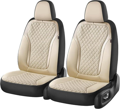 Coverado Front Seat Covers, 2-Pack Luxury Leather Car Seat Cover with Carbon Fiber Weave, Waterproof Car Seat Protectors, Spill-Proof Car Seat Cushion, Beige Seat Covers Universal Fit for Most Cars