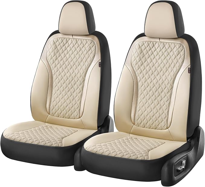 Coverado Car Seat Covers Full Set, Beige Car Seat Covers, Luxury Leather Car Seat Cover with Carbon Fiber Textured Design, Spill-Proof Seat Cushions, Automotive Seat Cover Universal Fit Most Cars