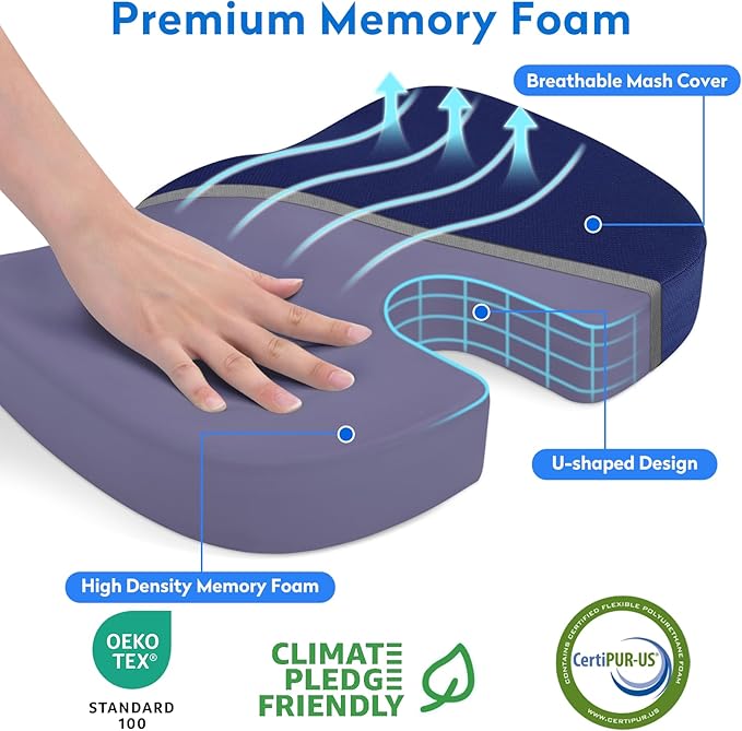 CushZone Office Chair Cushions, Memory Foam Coccyx Cushion for Tailbone Pain Office Chair Car Seat, Sciatica, Coccyx, Lower Back Pain Relief (Blue)