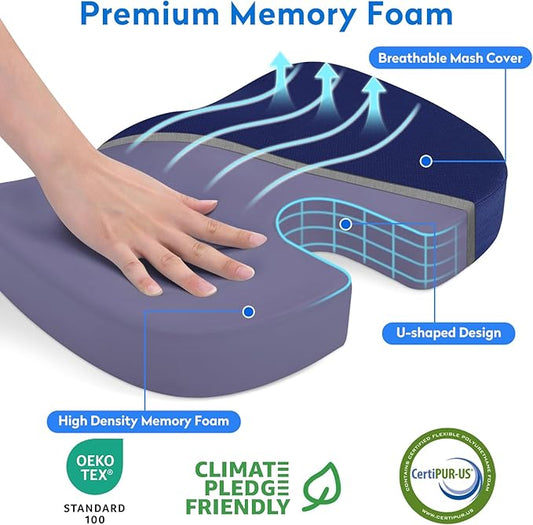 CushZone Office Chair Cushions, Memory Foam Coccyx Cushion for Tailbone Pain Office Chair Car Seat, Sciatica, Coccyx, Lower Back Pain Relief (Blue)