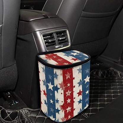 Talayituse American Flag Star Print Car Trash Can Portable Auto Garbage Bin Multifunctional Vehicle Interior Accessories with Adjustable Straps 4th of July Decor Universal Fit Truck SUV Sedan