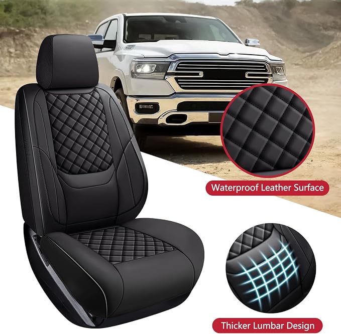 Ram Seat Covers 2019-2026 Front Pair, Truck Interior Sets with Lumbar Support Custom Fit for Dodge Ram 1500/2500/3500 Crew/Quad/Mega Cab Bighorn Longhorn Laramie Tradesman Rebel, Black