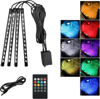 Car Led Interior Lights, RGB 48 LED Multicolor Auto Strip Light with Sound Active Function and Remote Control, Under Dash Smart Lighting Kit with Charger, Car Accessories (USB)