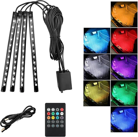 Car Led Interior Lights, RGB 48 LED Multicolor Auto Strip Light with Sound Active Function and Remote Control, Under Dash Smart Lighting Kit with Charger, Car Accessories (USB)