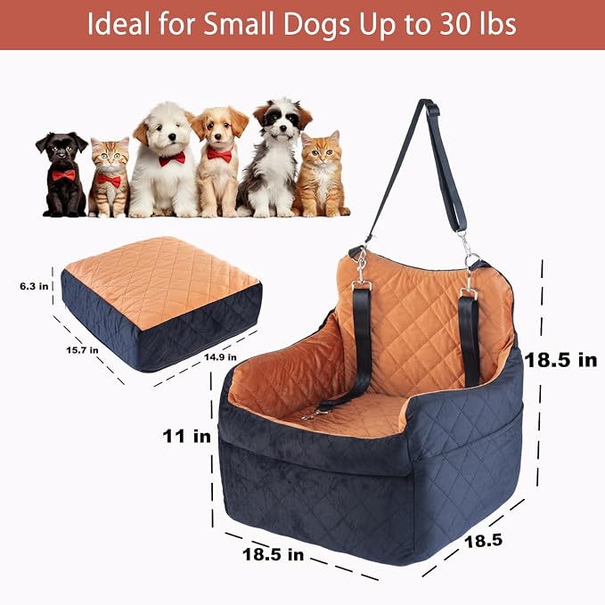 Elevated Dog Car Seat for Small Dogs – Luxurious Dutch Suede Leather Pet Booster with Adjustable Safety Leash, Non-Slip Base, Washable Cover, Cozy Travel Bed for Pets up to 30 lbs