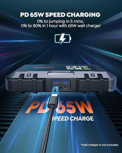8000A Car Battery Jump Starter, Battery Jumper Starter Portable (All Gas/12L Diesel), 27000mAh 65W Charging Jump Box, Portable Car Jump Starter with 160W DC, 600LM Light, Extended Jumper Cables