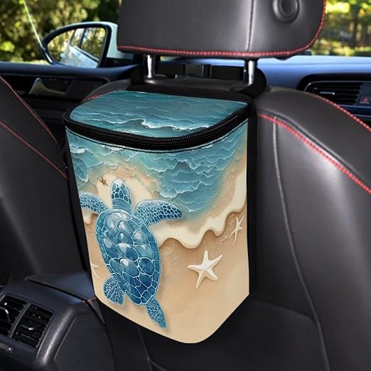 Talayituse Turtle Starfish Beach Print Car Trash Can Portable Auto Garbage Bin Multifunctional Vehicle Interior Accessories with Adjustable Straps Universal Fit Truck SUV Sedan