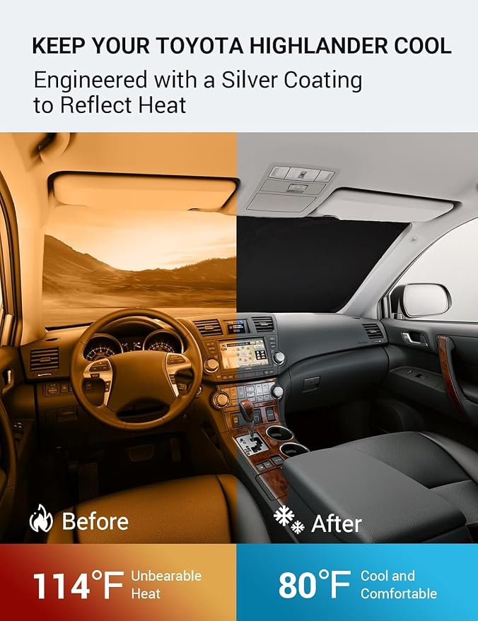 Proadsy 2025 Upgrade Windshield Sun Shade for Toyota Highlander 2008-2013 Foldable Front Sunshade Protector Sun Visor Blocks UV Rays Keep Car Cooler