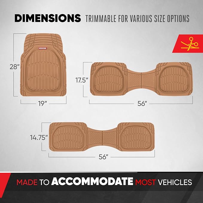 Motor Trend Original FlexTough Beige Rubber Car Floor Mats for 3 Row Vehicles, Front & Rear 2nd Row Deep Dish All Weather Automotive Heavy Duty Trim to Fit, Automotive Liners for Cars Truck Van SUV
