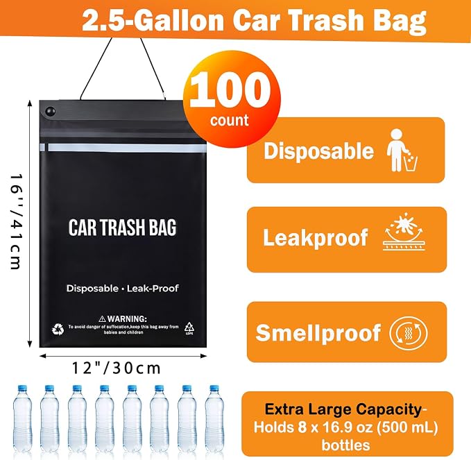 100 Count Recycled Disposable Car Trash Bags - 2.5 Gallon Heavy Duty Alternative to Bulky Car Trash Can & Car Garbage Can, Leakproof Smellproof Hanging & Stick-On Garbage Bag for Car, SUV, Truck