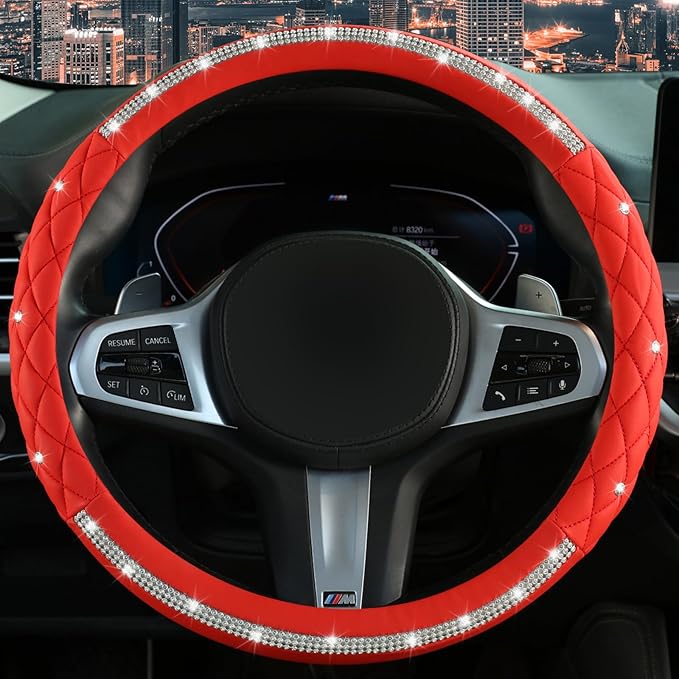 Diamond Steering Wheel Cover，with Bling Crystal Rhinestone, Delicate and Anti-Slip Sparkly Steering Wheel Cover ，Adaptable to 14.5-15 inches Car Wheel Protector for Women Girl，Car Accessories, Red