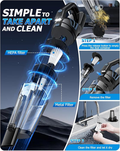 BQYPOWER Handheld Vacuum Cordless, 16000PA Strong Suction Hand Held Vacuum Cordless Rechargeable with Multiple Accessories, Portable Car Vacuum Cleaner High Power for Car Home Office