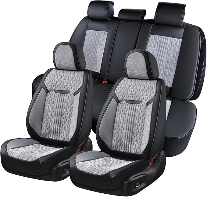 Coverado Full Set Car Seat Covers, Waterproof Leather Seat Covers for Cars with Velvet, Car Seat Protector Universal Fit for Most Vehicles（Black&Gray）