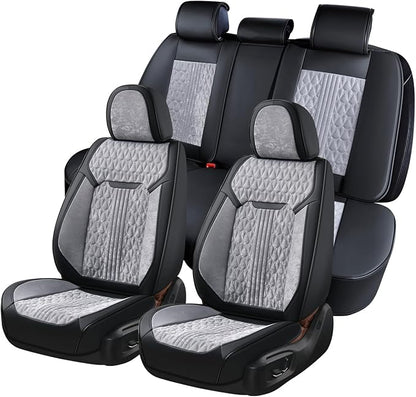 Coverado Full Set Car Seat Covers, Waterproof Leather Seat Covers for Cars with Velvet, Car Seat Protector Universal Fit for Most Vehicles（Black&Gray）