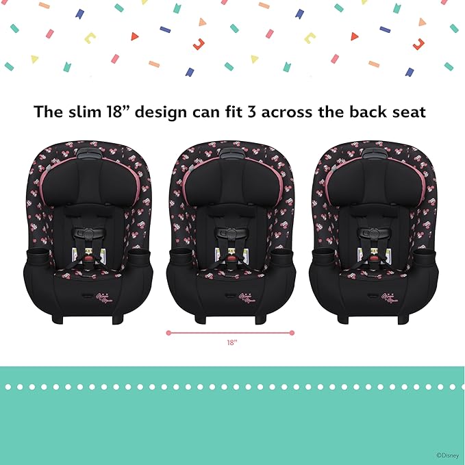 Disney Baby Ellaris 3-in-1 Convertible Car Seat, Slim Fit Design, Rear & Forward-Facing, 5-Position Headrest, 3-Across Fit, Travel-Friendly with Machine-Washable Seat Pad, Minnie Charm