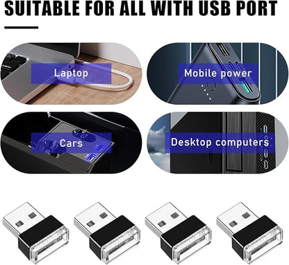 4 PCS USB LED Car Interior Atmosphere Lamp, Portable Mini LED Night Light, Plug-in USB Interface Trunk Ambient Lighting Kit, Universal Interior Car Accessories (Ice Blue)