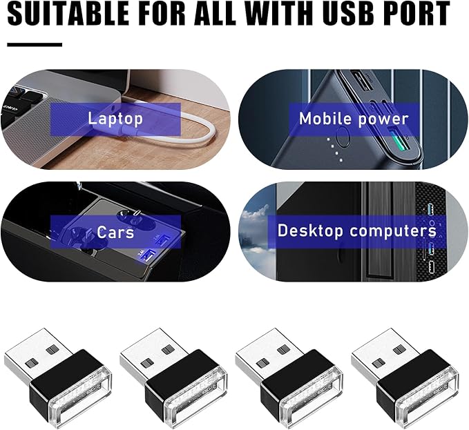 4 PCS USB LED Car Interior Atmosphere Lamp, Portable Mini LED Night Light, Plug-in USB Interface Trunk Ambient Lighting Kit, Universal Interior Car Accessories (White)